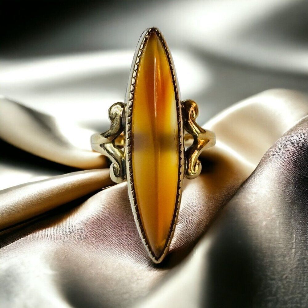 Antique 10k Gold Banded Agate Ring Sz 4.25 c1900 Victorian Navette Ring 2.7g